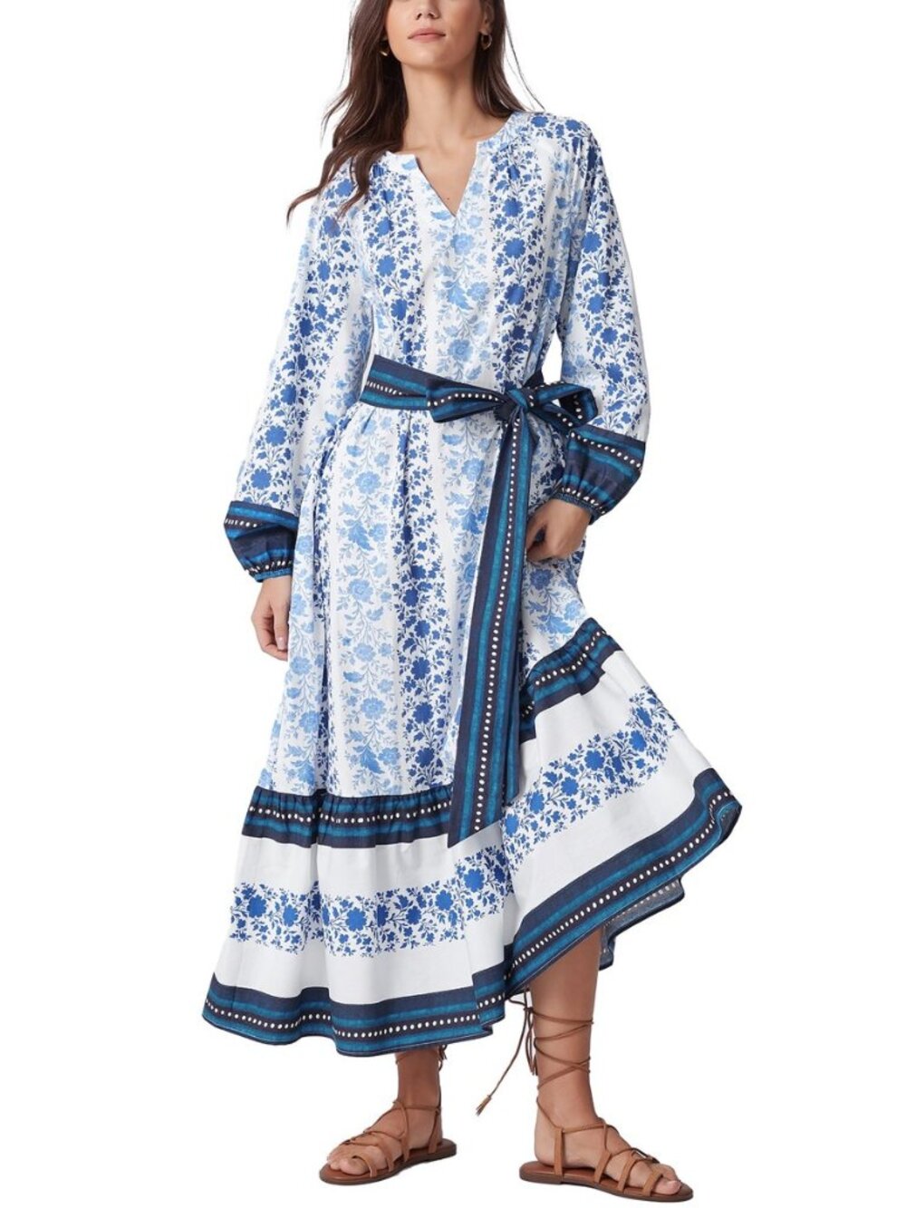 Women Boho Maxi Dress Floral Puff Long Sleeves V Neck Tiered A-Line Flowy Long